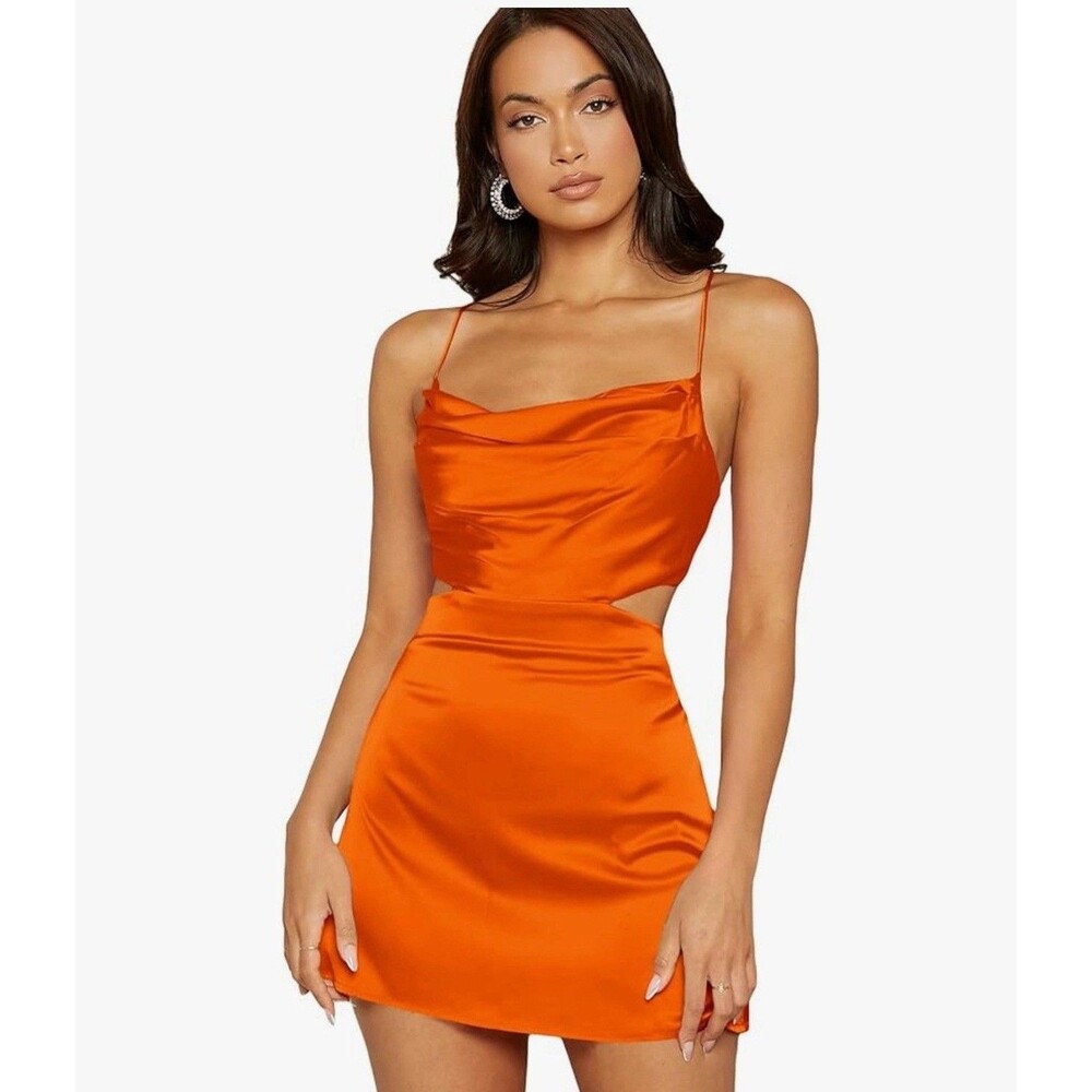 Verdusa Women's Draped Cut Out Crisscross Tie Backless Satin Cami Dress Xs Orang